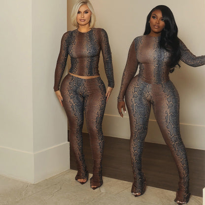 Figures-Hugging Long Sleeve Top With Printed Trousers Set