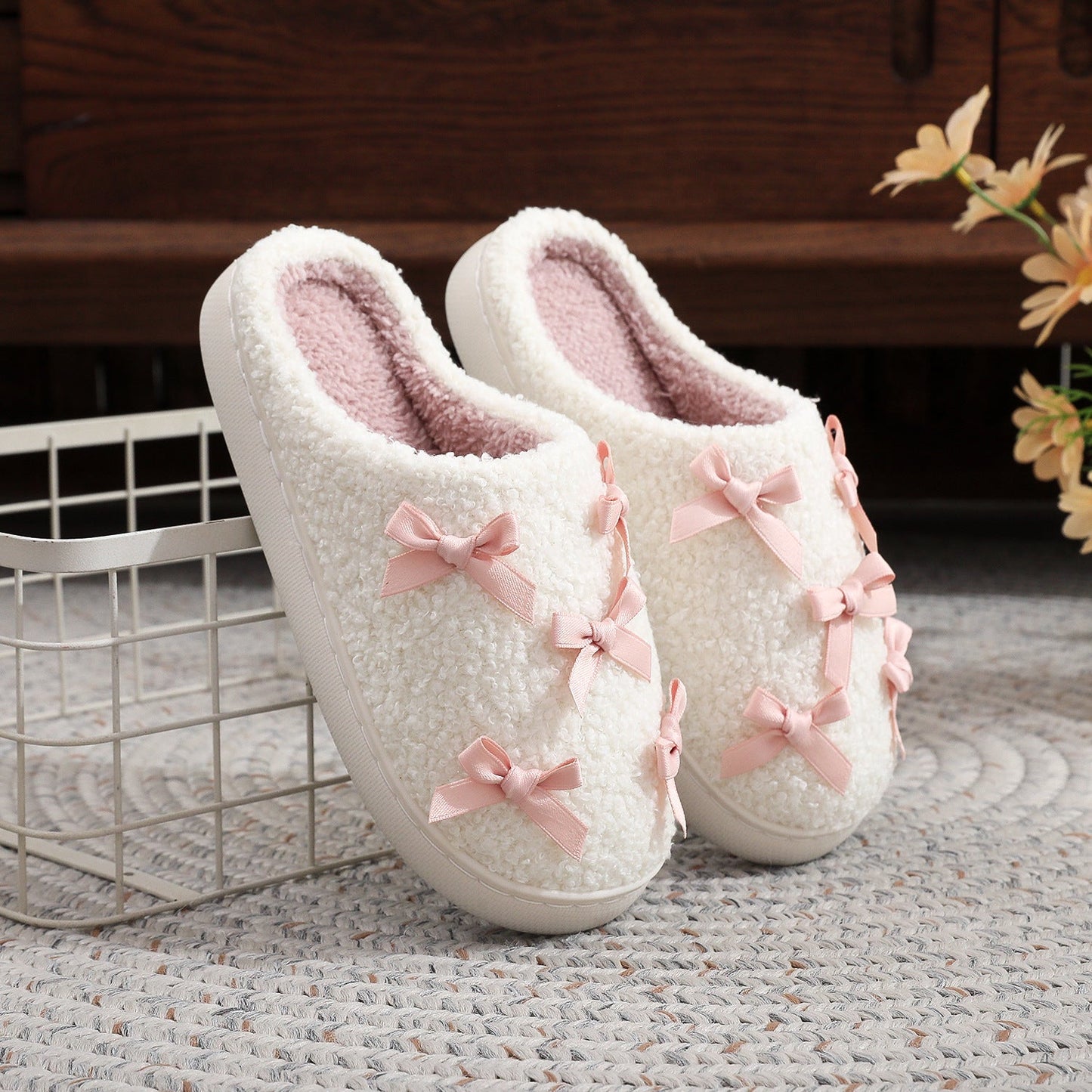 Bow Knot Plush Warm Winter Indoor Slippers