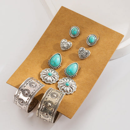 Bohemian Vintage Turquoise Earrings Set - Flower Heart Geometric Design