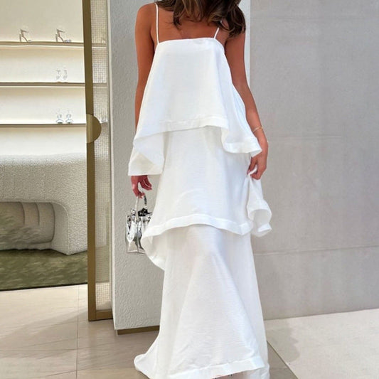 French Style Sleeveless Satin Midi Dress with Relaxed Fit