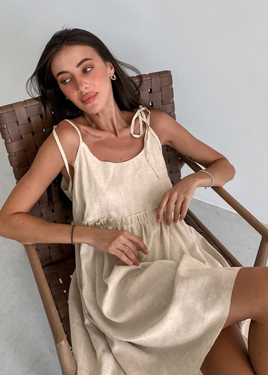Adjustable Strap Linen Dress With Gathered Waist