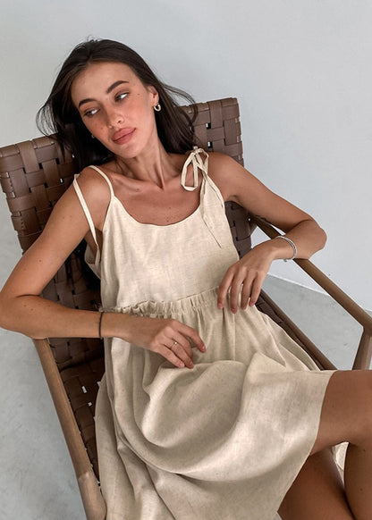Adjustable Strap Linen Dress With Gathered Waist