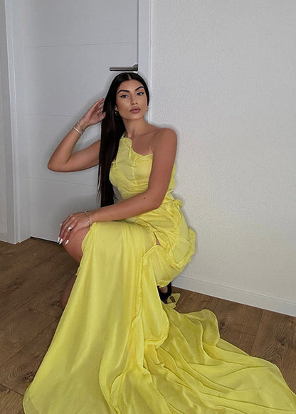 One Shoulder Ruffle Slit Chiffon Gown Yellow
