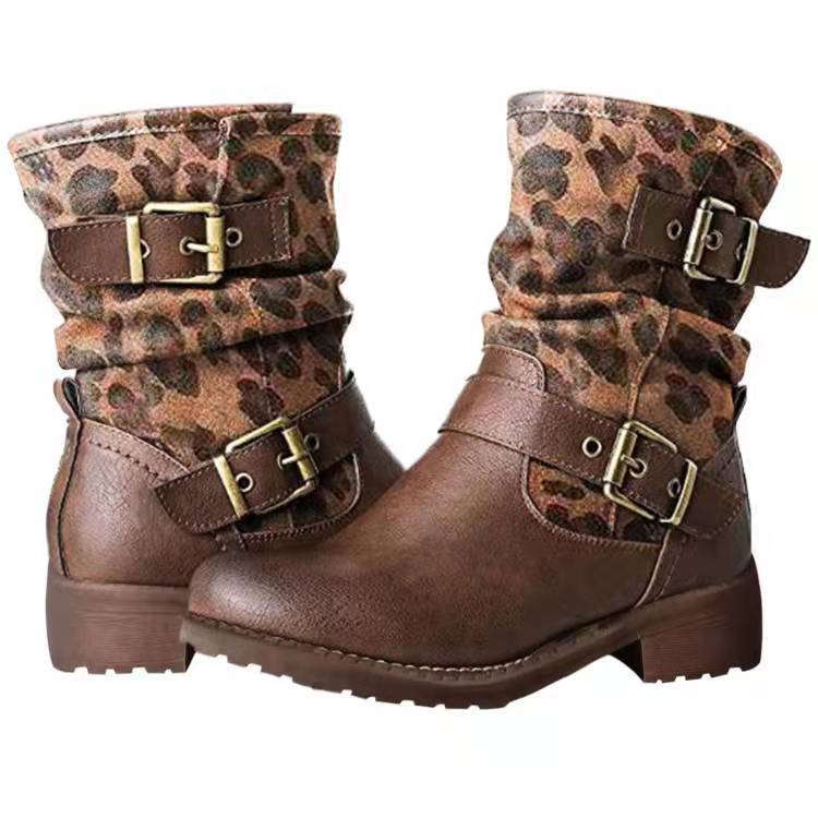 Autumn And Winter New Leopard Print High Round Toe Knight Boots Belt Buckle Low Heel Martin Boots