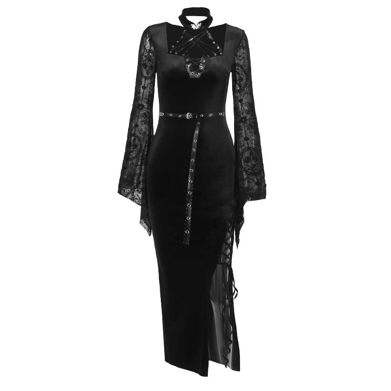 Gothic Style Cut-Out Bodycon Dress with Flare Sleeves