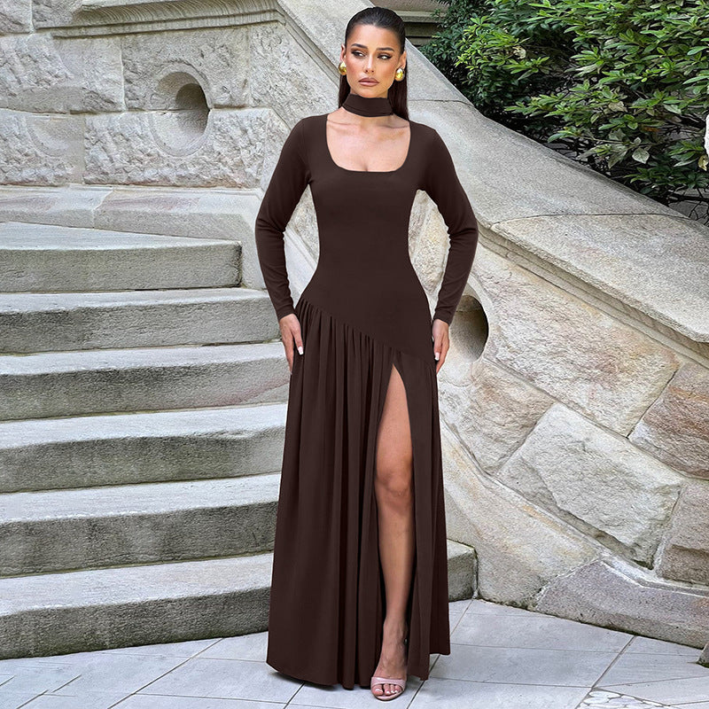 Elegant Color-Block U-Neck Long Sleeve Dress