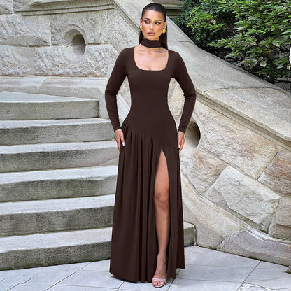 Elegant Color-Block U-Neck Long Sleeve Dress