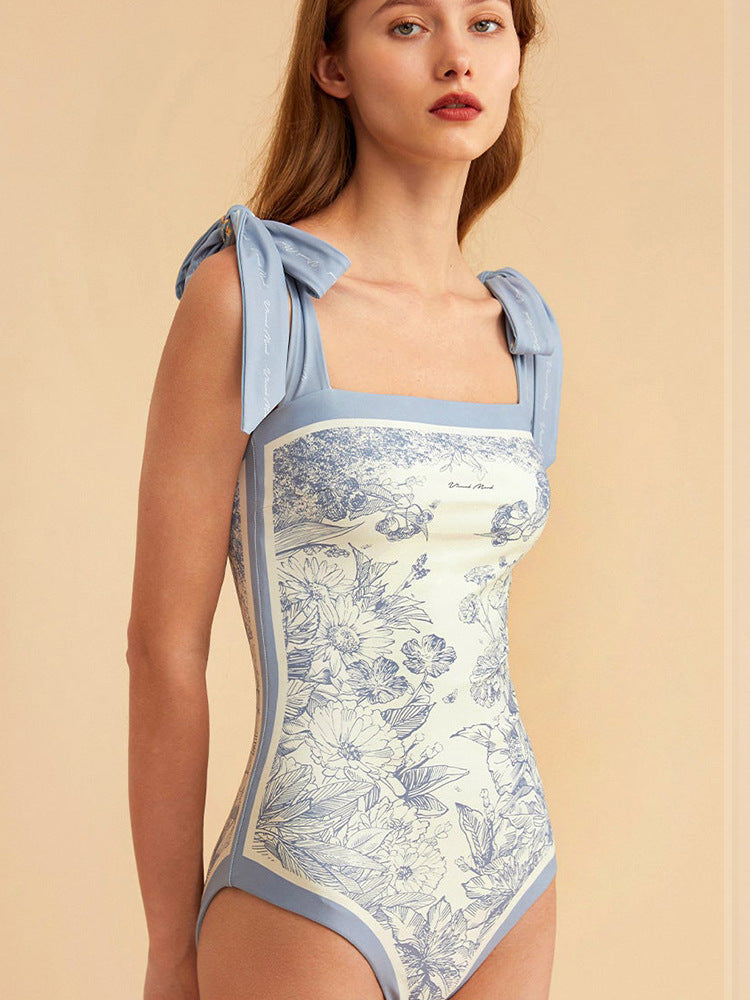 Double Fabric Vintage Print Swimsuit One-Piece Swimsuit Women