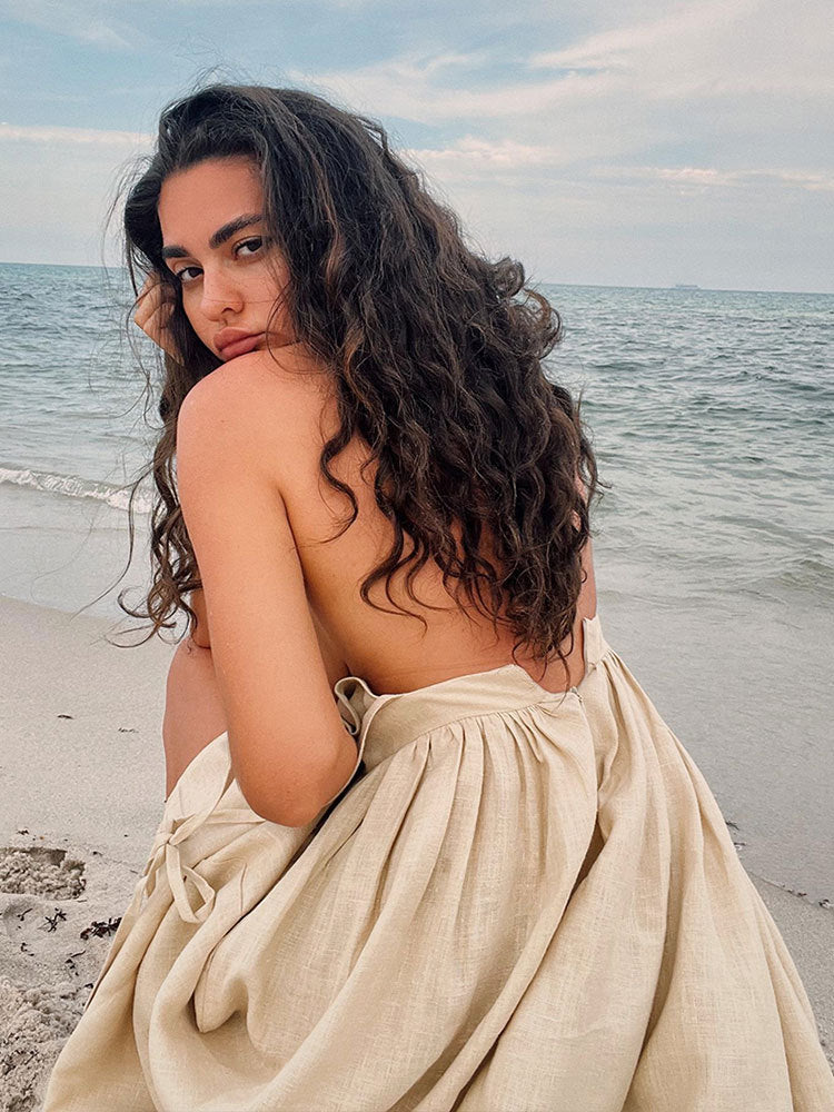 Cotton V-Neck Backless Dress Elegant Casual Maxi Dress