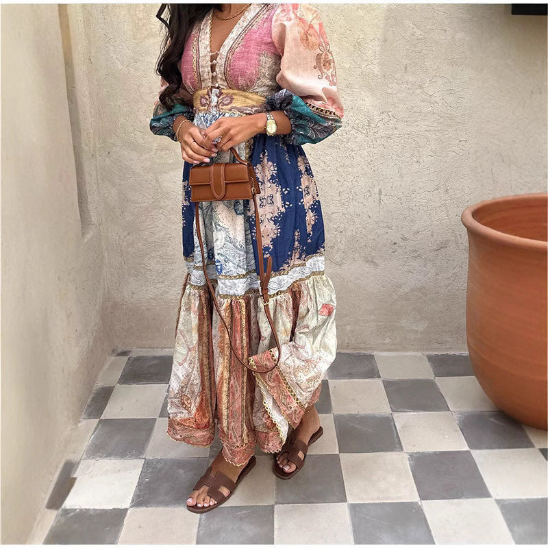 Vintage Floral Maxi Dress With Puff Sleeves For Casual Vacation
