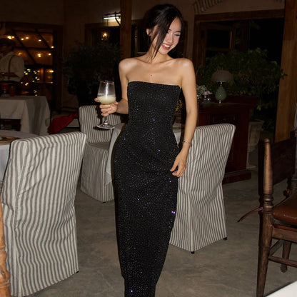 Sleek Black Strapless Pencil Dress With Rhinestones