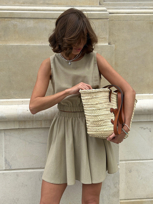 Casual Pleated Skirt Set Sleeveless Cotton Linen Outfit