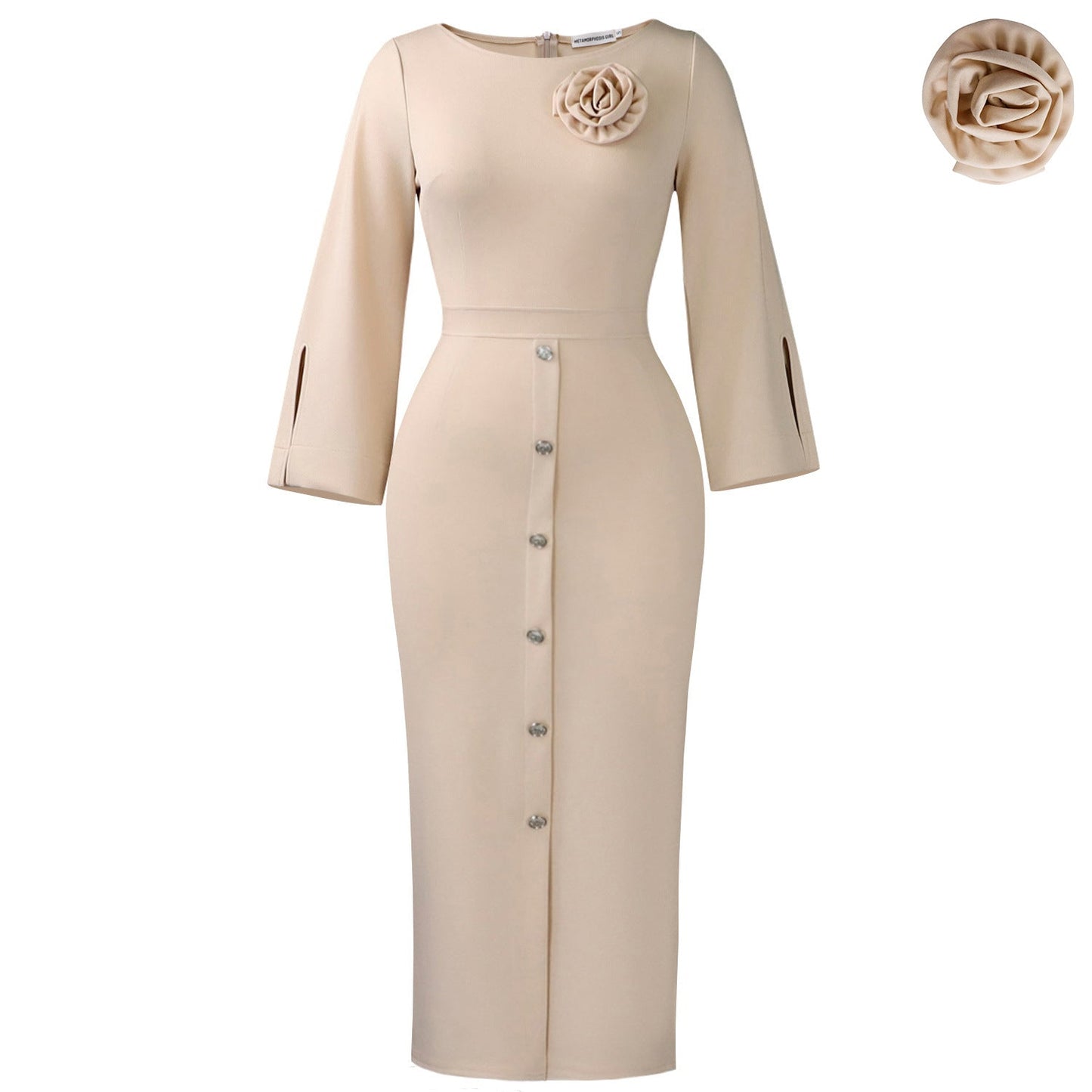 Elegant Floral Bodycon Dress For Work - Peacock Green, Cream, Purple, Navy