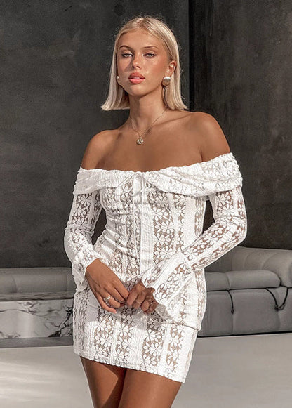 Off Shoulder Lace Bodycon Dress White Floral