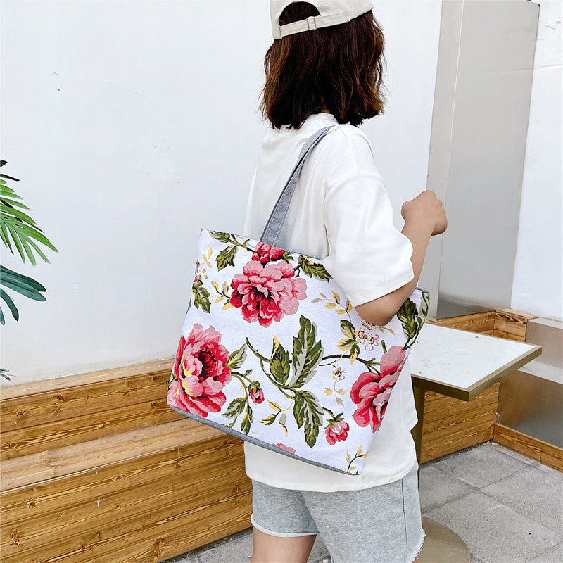 Large Capacity Canvas Tote Bag with Floral Print