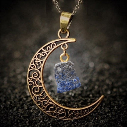 Natural Stone Crystal Necklace Vintage Moon Alloy Sweater Chain