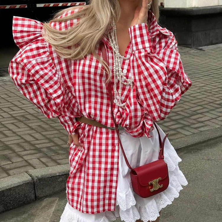 Cotton Plaid Women's Shirt With Ruffle Collar Casual Cardigan