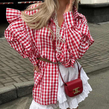 Cotton Plaid Women's Shirt With Ruffle Collar Casual Cardigan