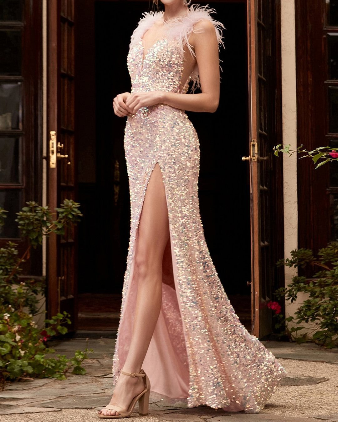 Sequin Feather Long Dress Elegant Commuter Dress