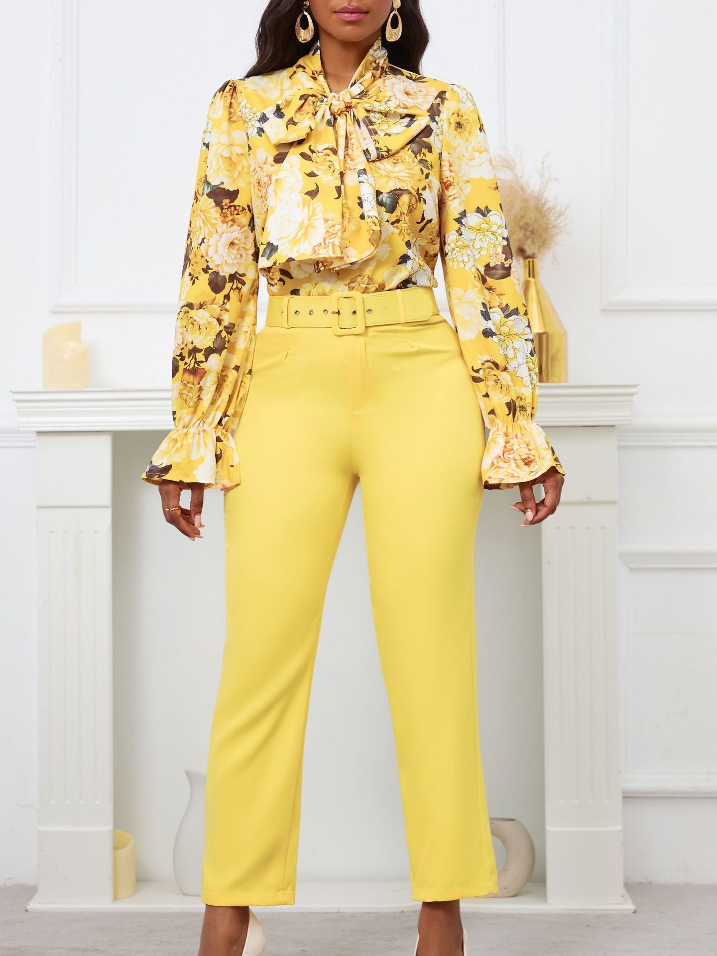 Fashion Floral Long Sleeve Top And High Waist Pants Set