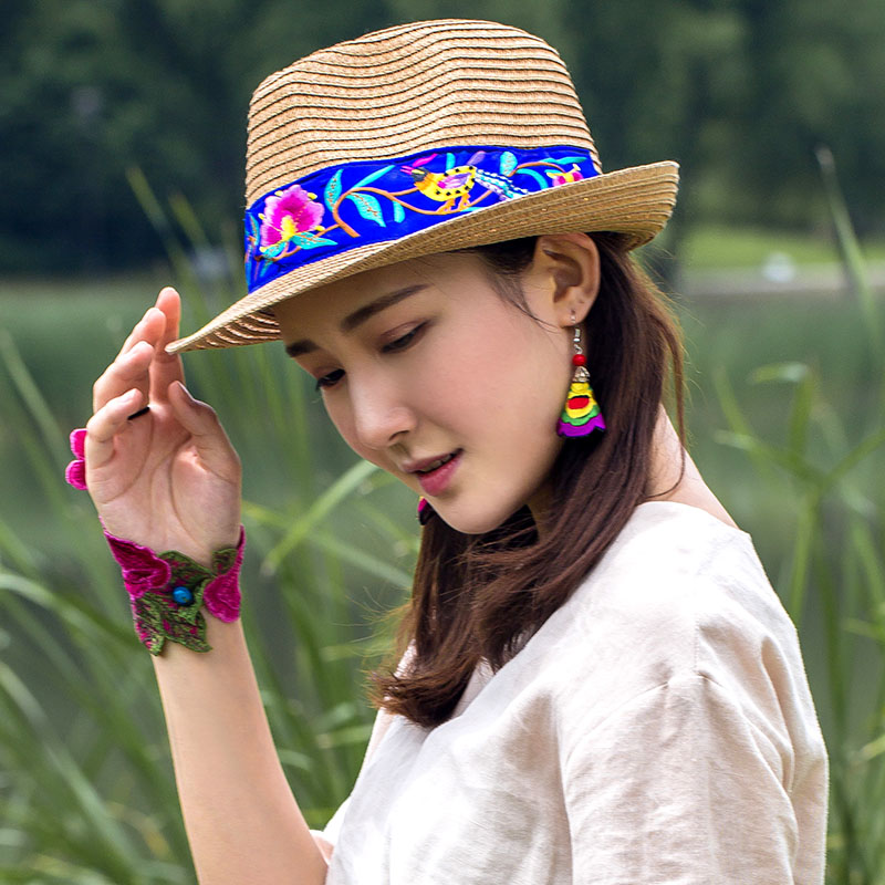 National Style Embroidered Hat Straw Hat Sun-Proof Visor Big Brim Summer Days Ladies National Hat