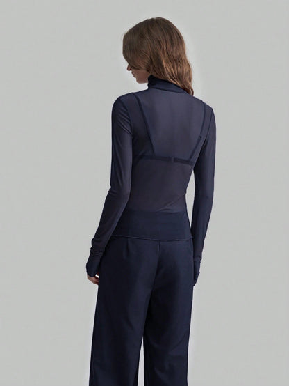 Mesh High Neck Long Sleeve Sheer Blouse