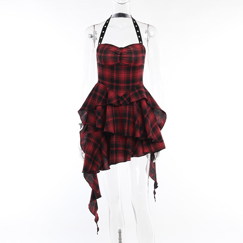Backless Red Checkered Bodycon Dress