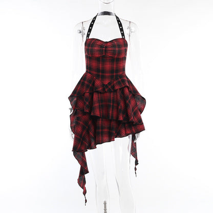 Backless Red Checkered Bodycon Dress