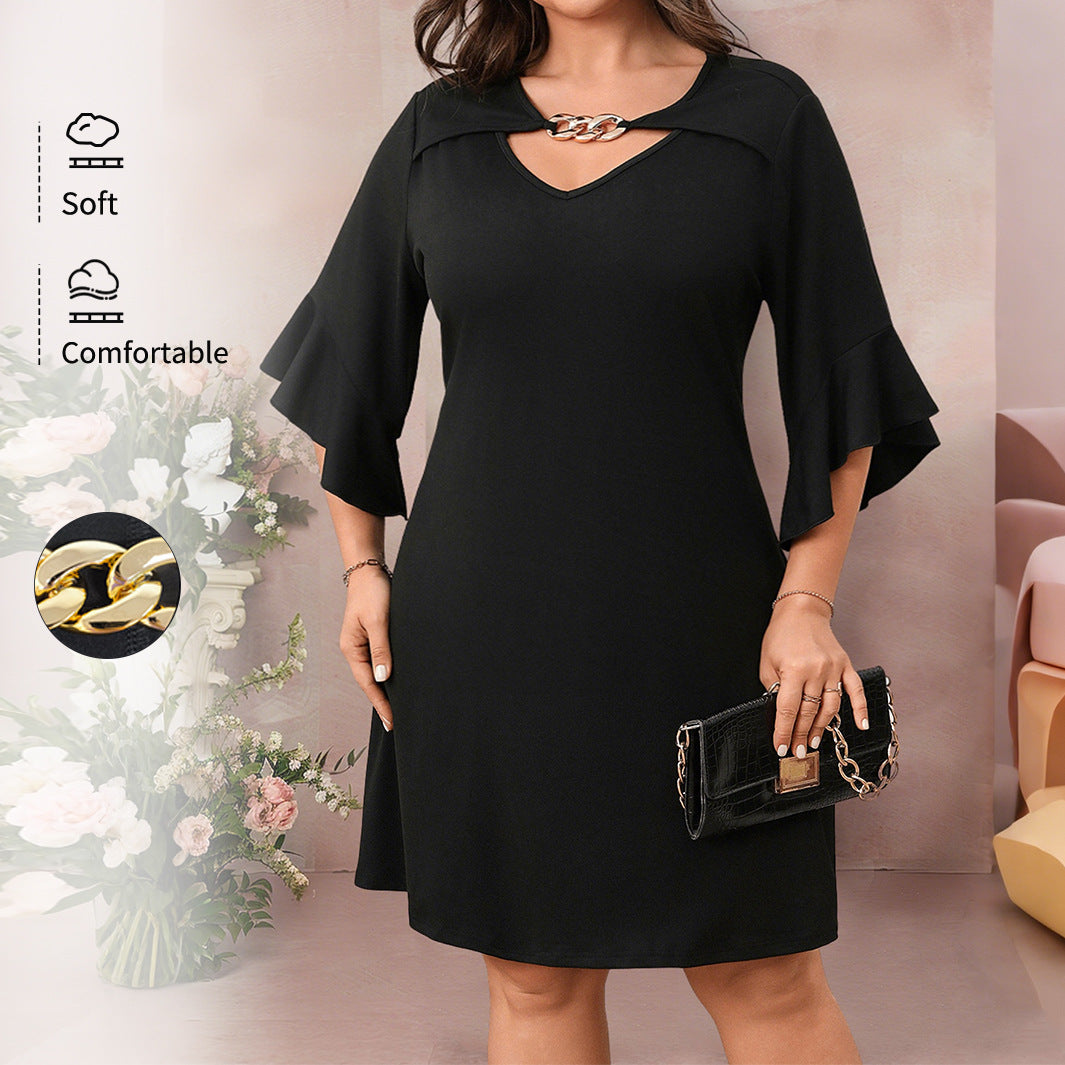 Plus Size Solid Color Bell Sleeve Maxi Dress