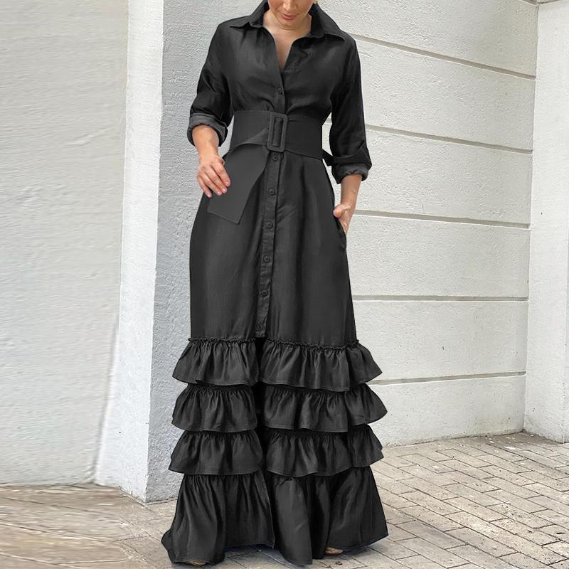 Long Solid Lapel Buttoned Belt Dress
