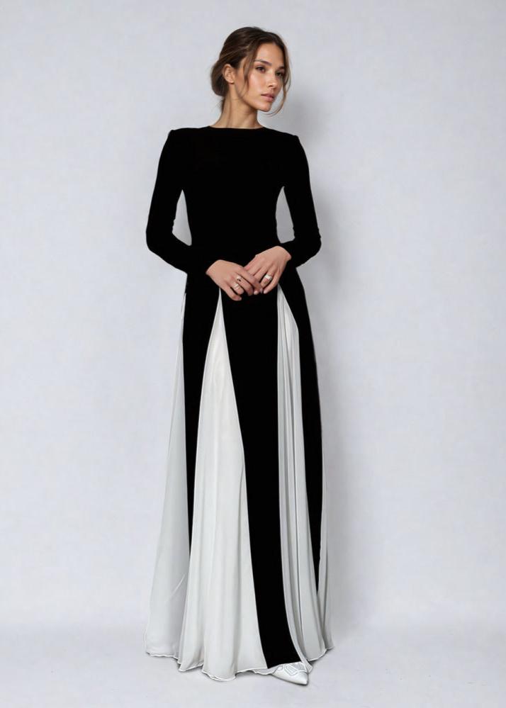 Two Tone Long Sleeve Maxi Dress In Black