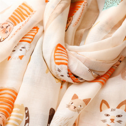 Spring And Autumn Sunscreen Cute Cat Paradise Printed Silk Scarf Satin Cotton Long Scarf