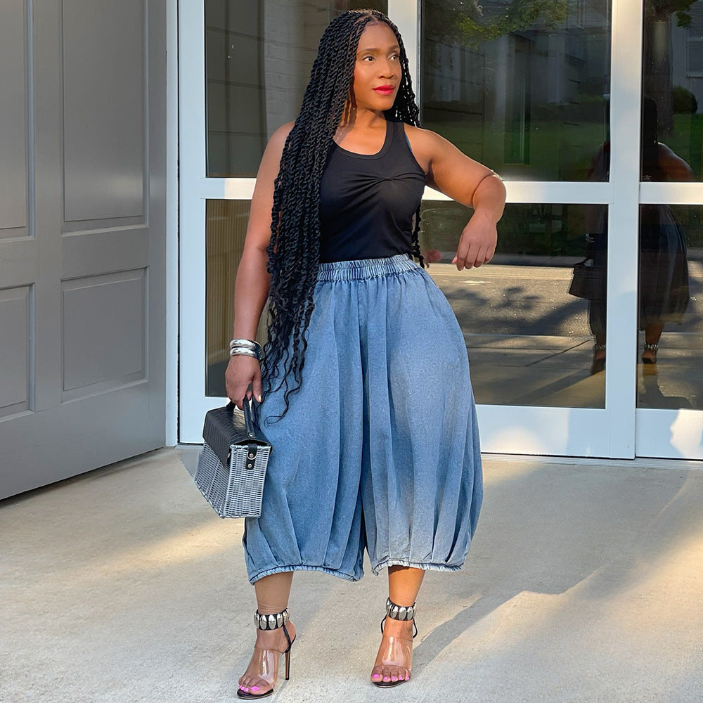 Casual Wide-Leg Denim Cropped Pants With Elastic Waist