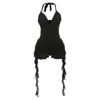 Sexy Deep V-Neck Halter Backless Bodysuit With Ruffled Edges