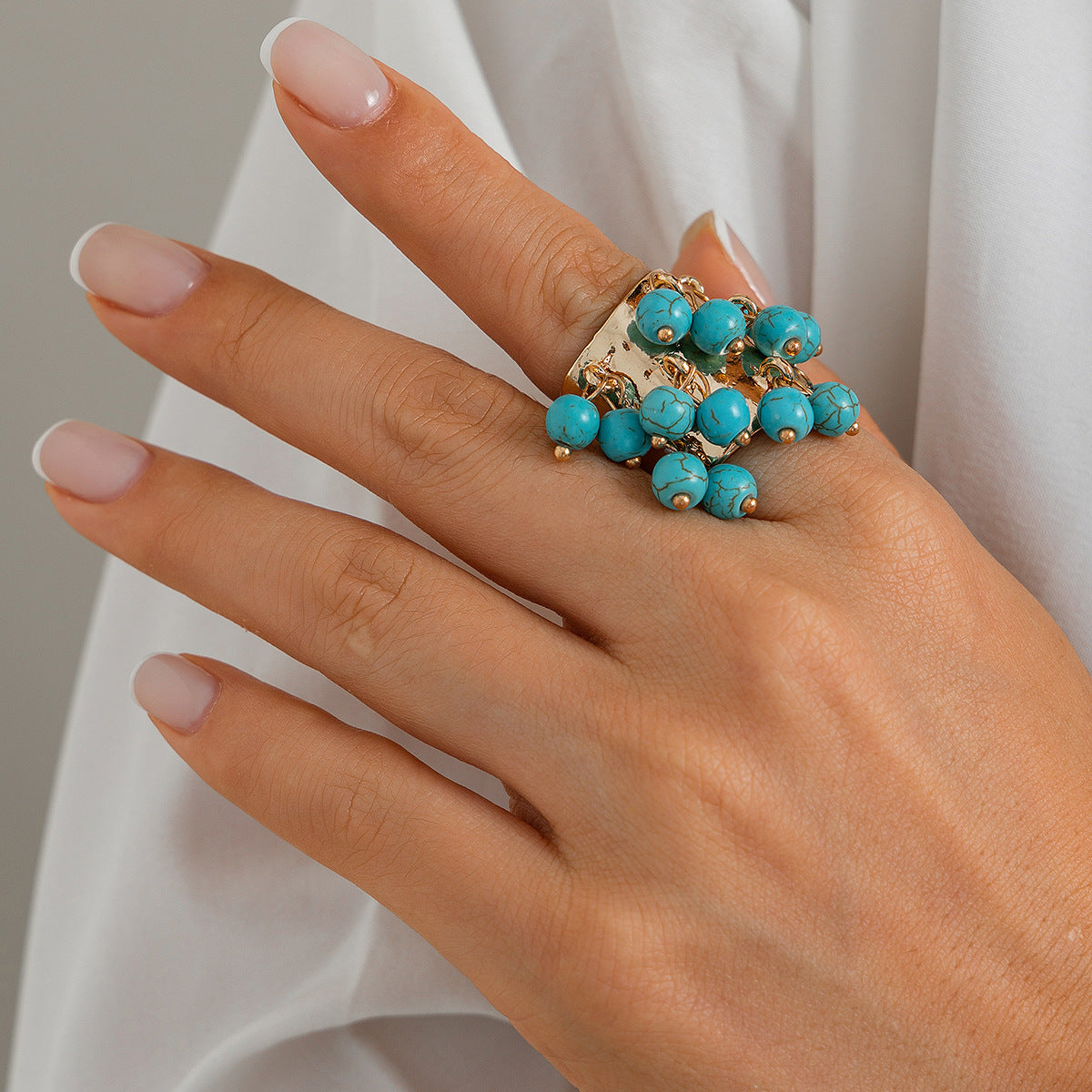 Bohemian Heart Shaped Gemstone Pearl Tassel Ring For Women