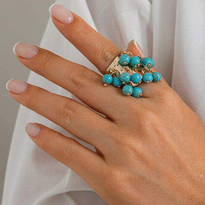 Bohemian Heart Shaped Gemstone Pearl Tassel Ring For Women