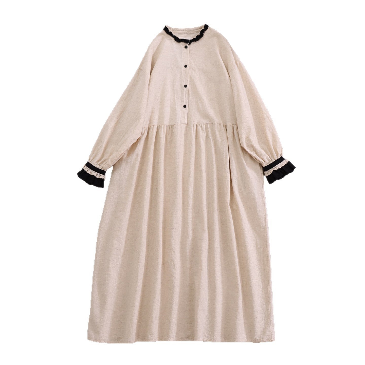 Gathered Neck Long Sleeve Cotton-Linen Maxi Dress