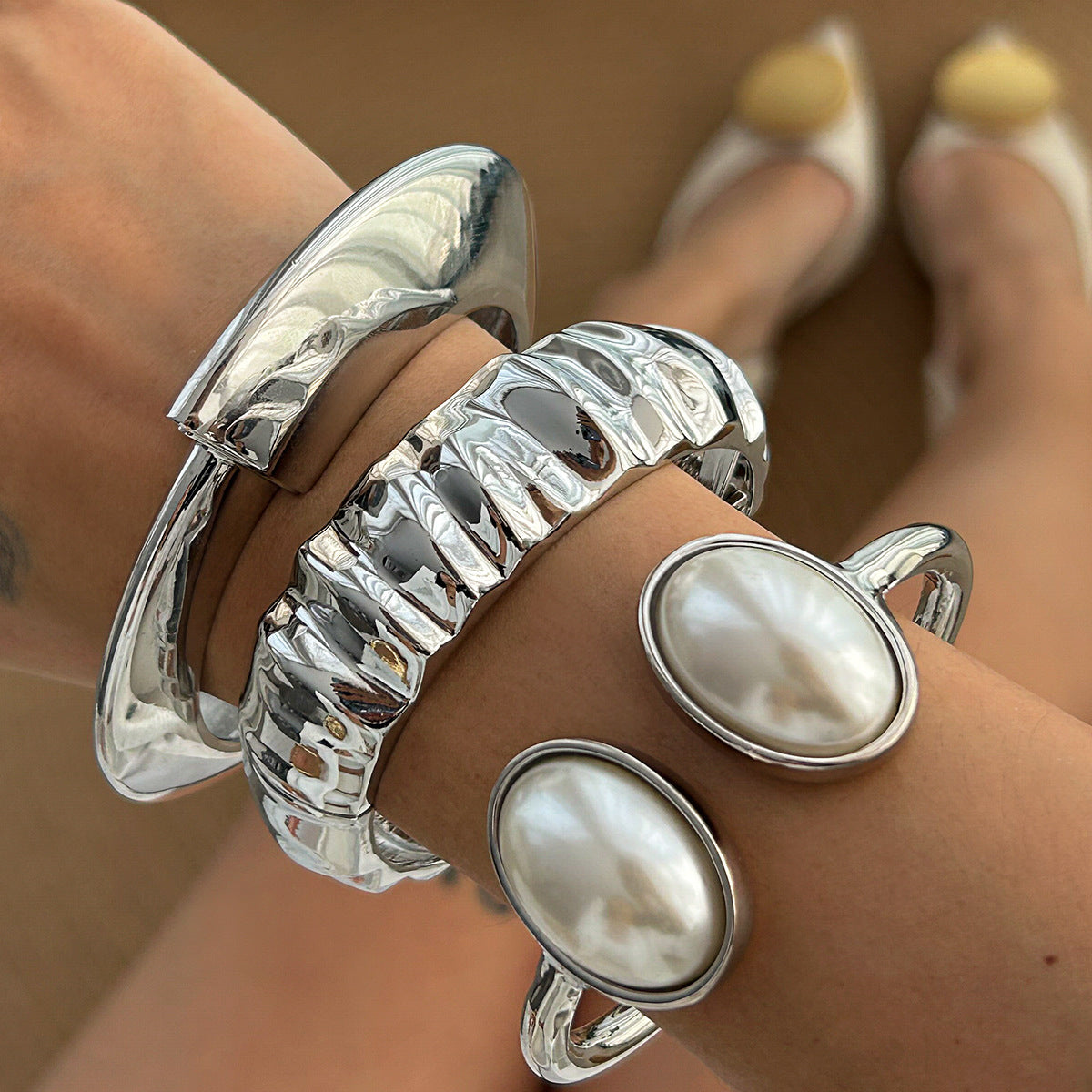 Asymmetrical Pearl Wrinkle Bracelet Alloy Jewelry Set