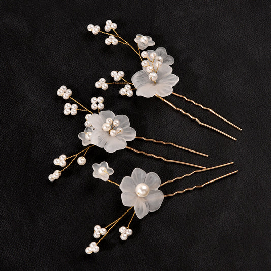 Bridal Hair Accessories Elegant White Flower Hairpins Set of 3