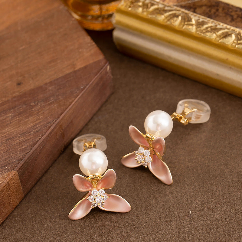 Dopamine Pink Enamel Flower Clip-On Earrings With Pearls