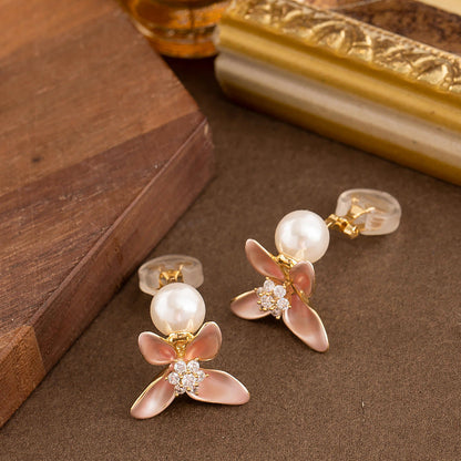 Dopamine Pink Enamel Flower Clip-On Earrings With Pearls