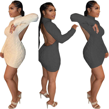 Backless Long Sleeve Knit Dress Trendy Casual Gray Color