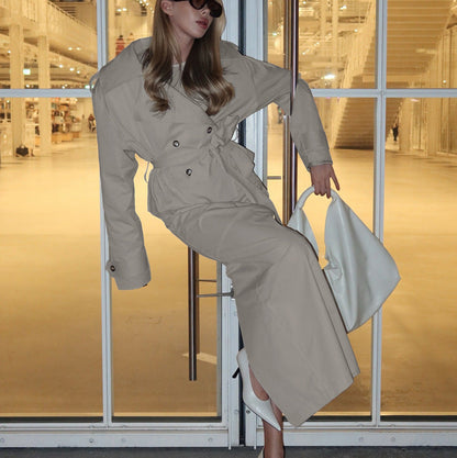 Chic Two-Piece Midi Skirt and Long Sleeve Trench Coat Set