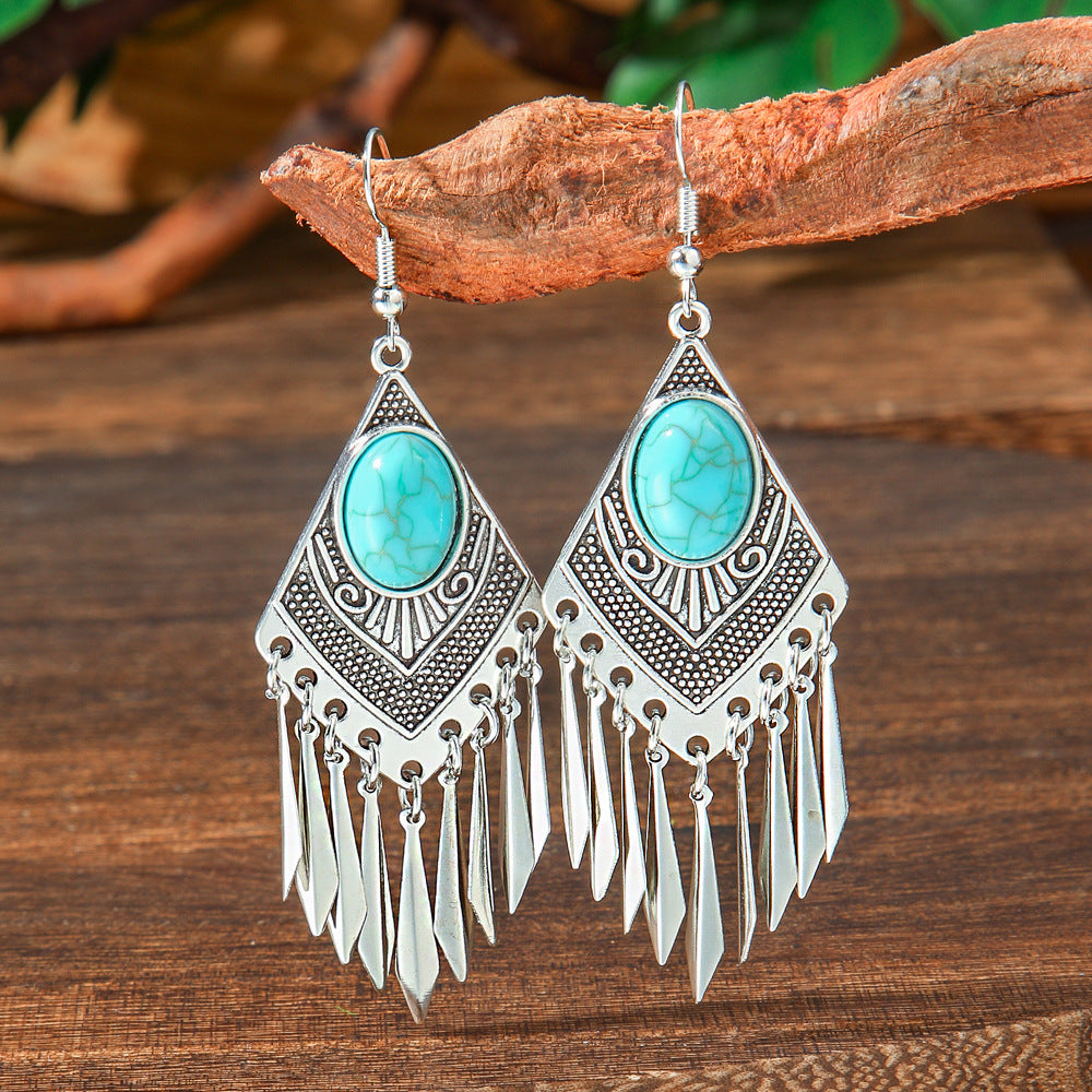 Geometric Turquoise Fringe Earrings Set Bohemian Style
