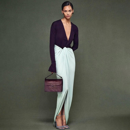 Elegant Deep V-Neck Long Sleeve Maxi Dress