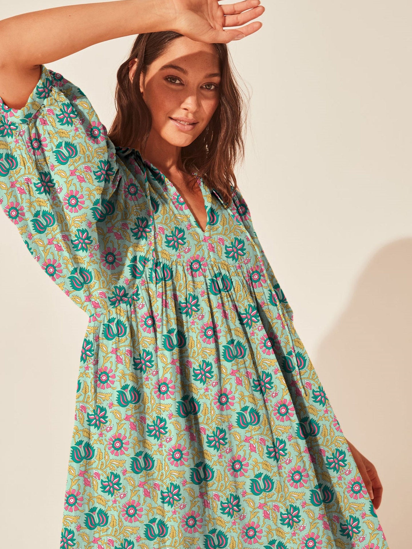 Floral Print Casual Dress with Tie Waist and Half Placket