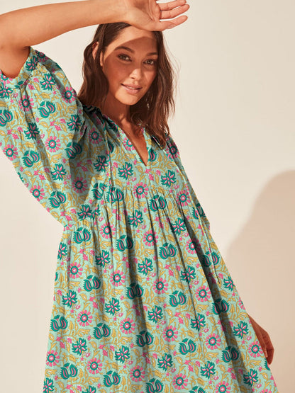 Floral Print Casual Dress with Tie Waist and Half Placket