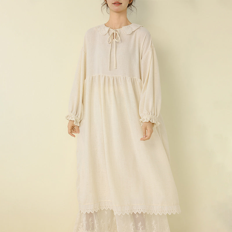 Sweet Lace Collar Long Sleeve Maxi Dress Casual Bamboo Cotton