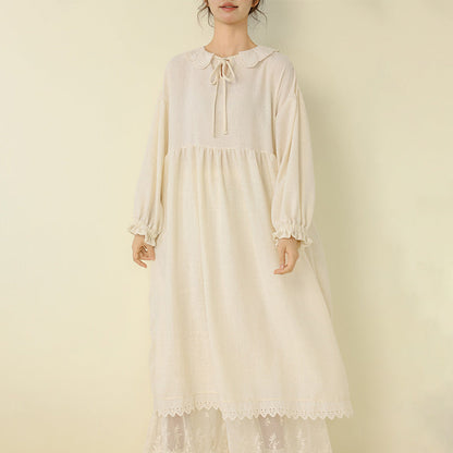 Sweet Lace Collar Long Sleeve Maxi Dress Casual Bamboo Cotton