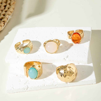 Retro Geometric Adjustable Ring Set With Gemstone Inlays